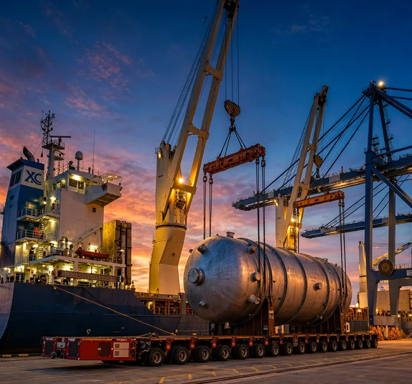 XBC Projects vessel loading heavy-lift cargo at port